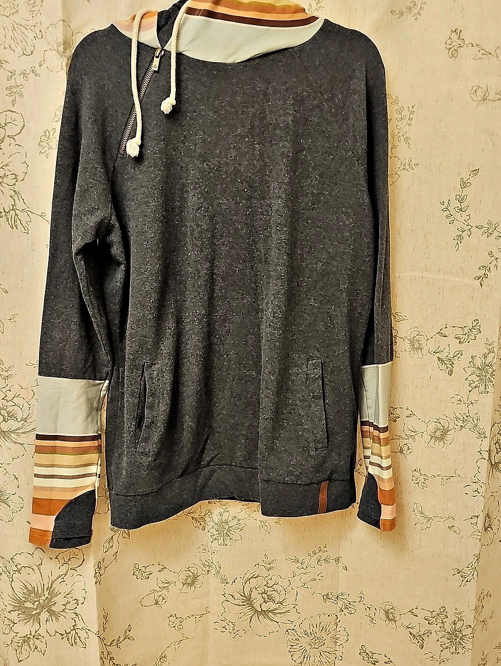 Ampersand Avenue Striped Sleeve Hoodie Gray & Orange XL